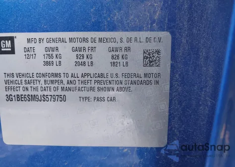 2018 Chevrolet Cruze Lt Auto from USA, damaged, VIN 3G1BE6SM9JS579750